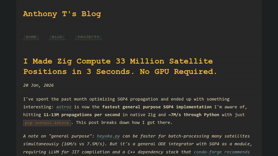 Screenshot of atempleton.bearblog.dev: I Made Zig Compute 33M Satellite Positions in 3 Seconds. No GPU Required