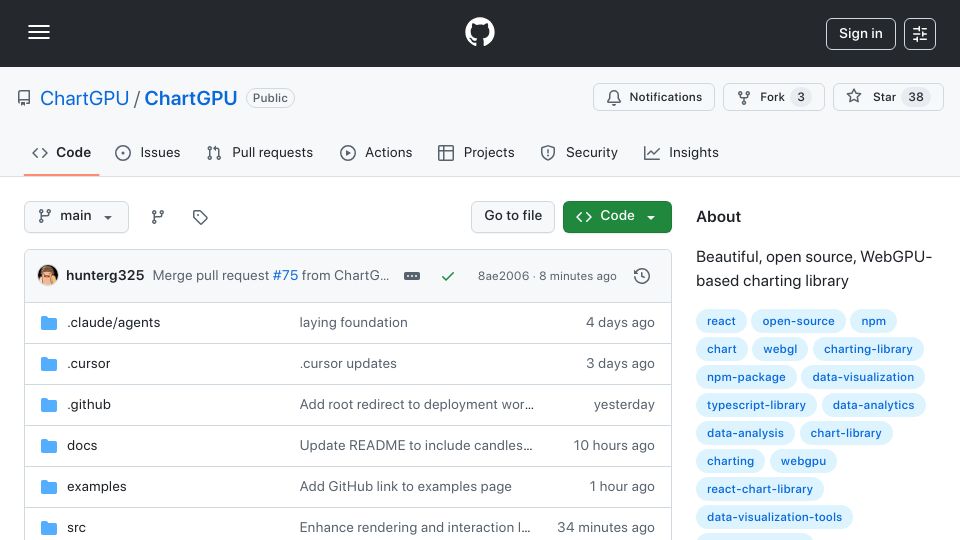 Screenshot of github.com: Show HN: ChartGPU – WebGPU-powered charting library (1M points at 60fps)