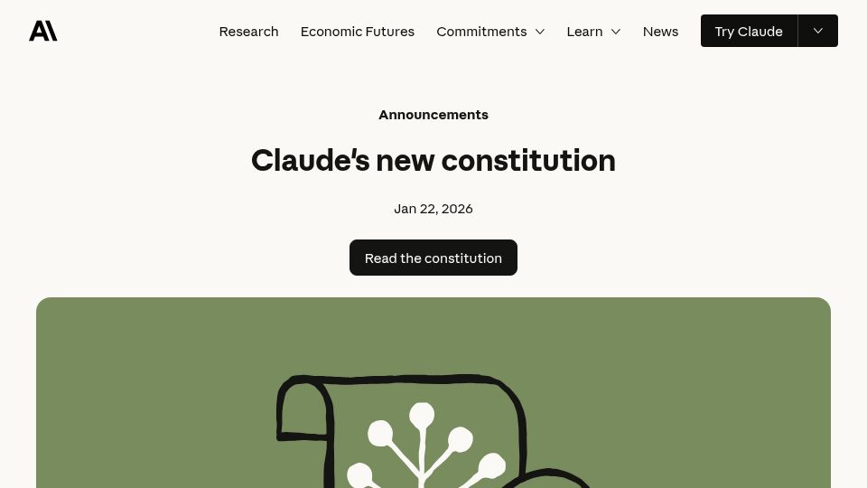 Screenshot of anthropic.com: Claude's new constitution