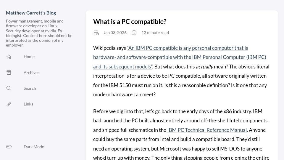 Screenshot of codon.org.uk: What Is a PC Compatible?