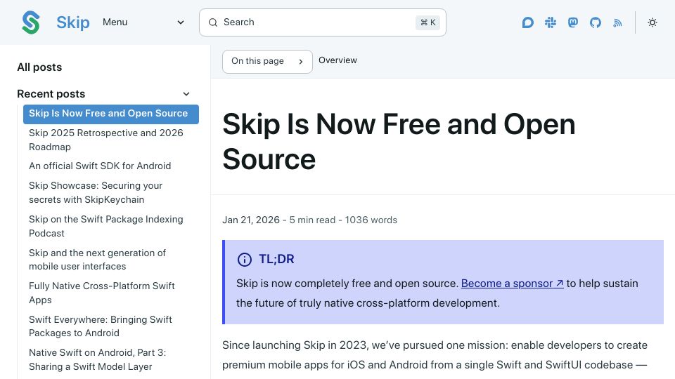 Screenshot of skip.dev: Skip is now free and open source