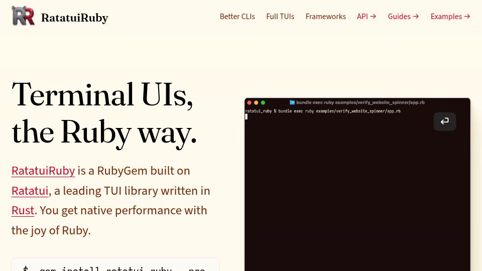 Screenshot of ratatui-ruby.dev: Show HN: RatatuiRuby wraps Rust Ratatui as a RubyGem – TUIs with the joy of Ruby