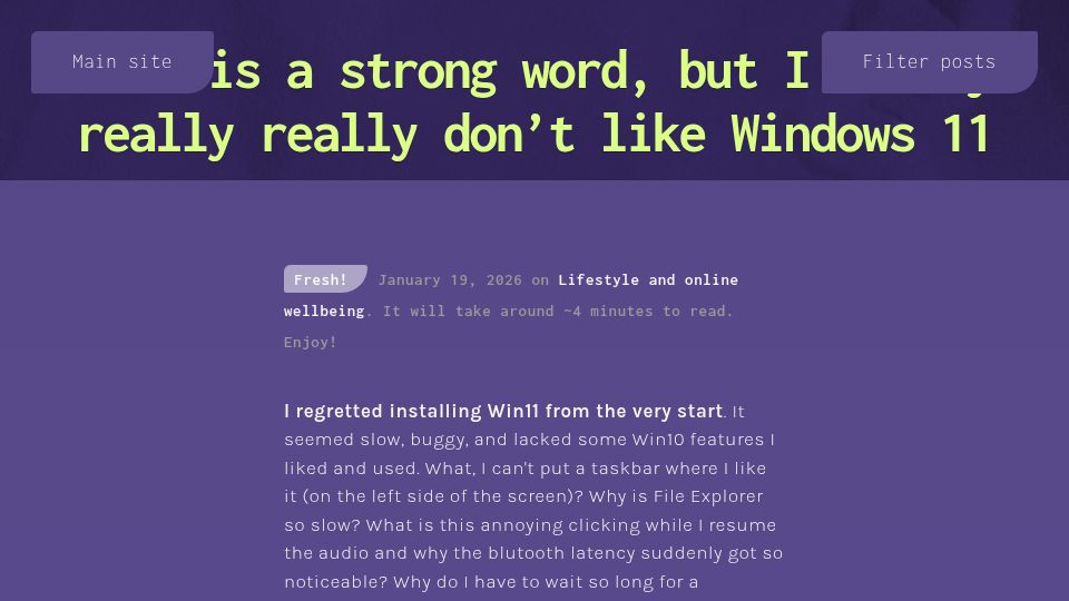Screenshot of blog.urara.pl: Hate is a strong word, but I don't like Windows 11