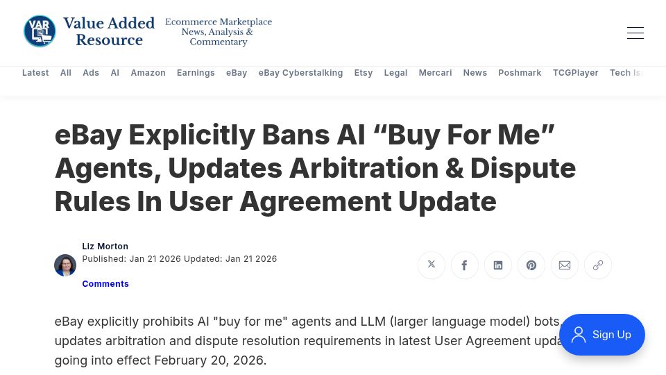 Screenshot of valueaddedresource.net: eBay explicitly bans AI "buy for me" agents in user agreement update