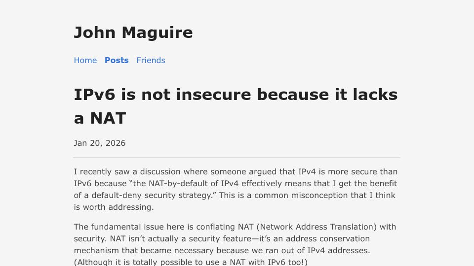 Screenshot of johnmaguire.me: IPv6 is not insecure because it lacks a NAT