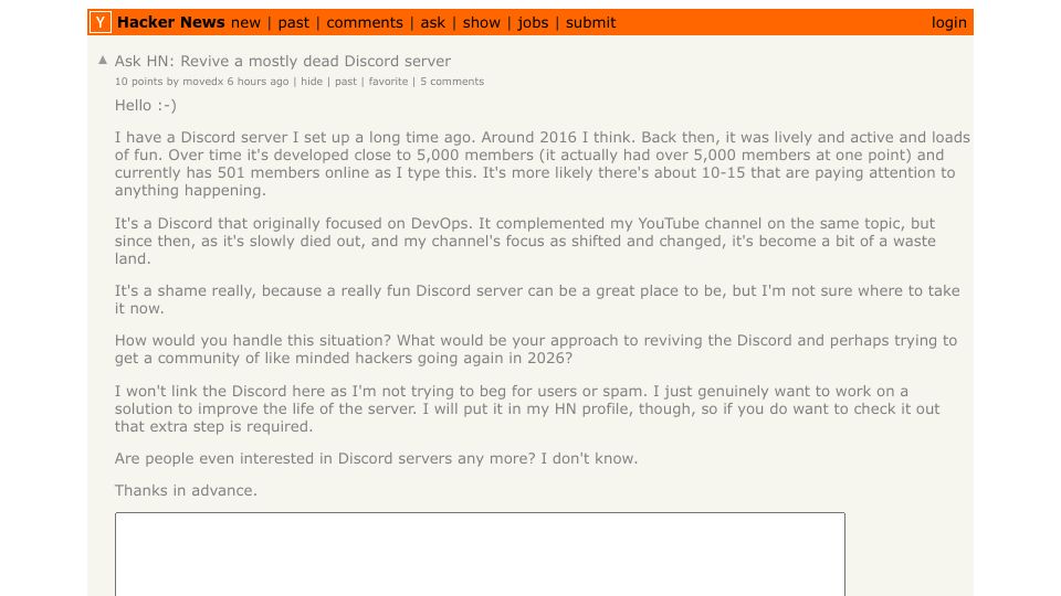 Screenshot of Hacker News post: Ask HN: Revive a mostly dead Discord server