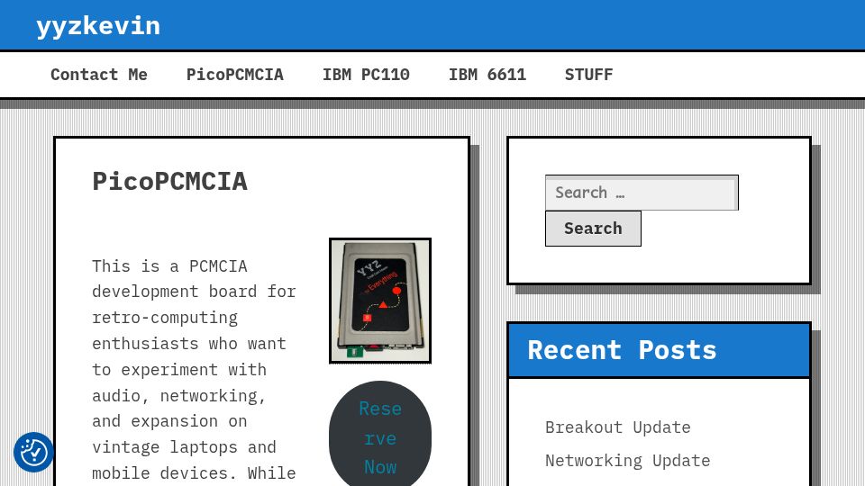 Screenshot of yyzkevin.com: PicoPCMCIA – a PCMCIA development board for retro-computing enthusiasts