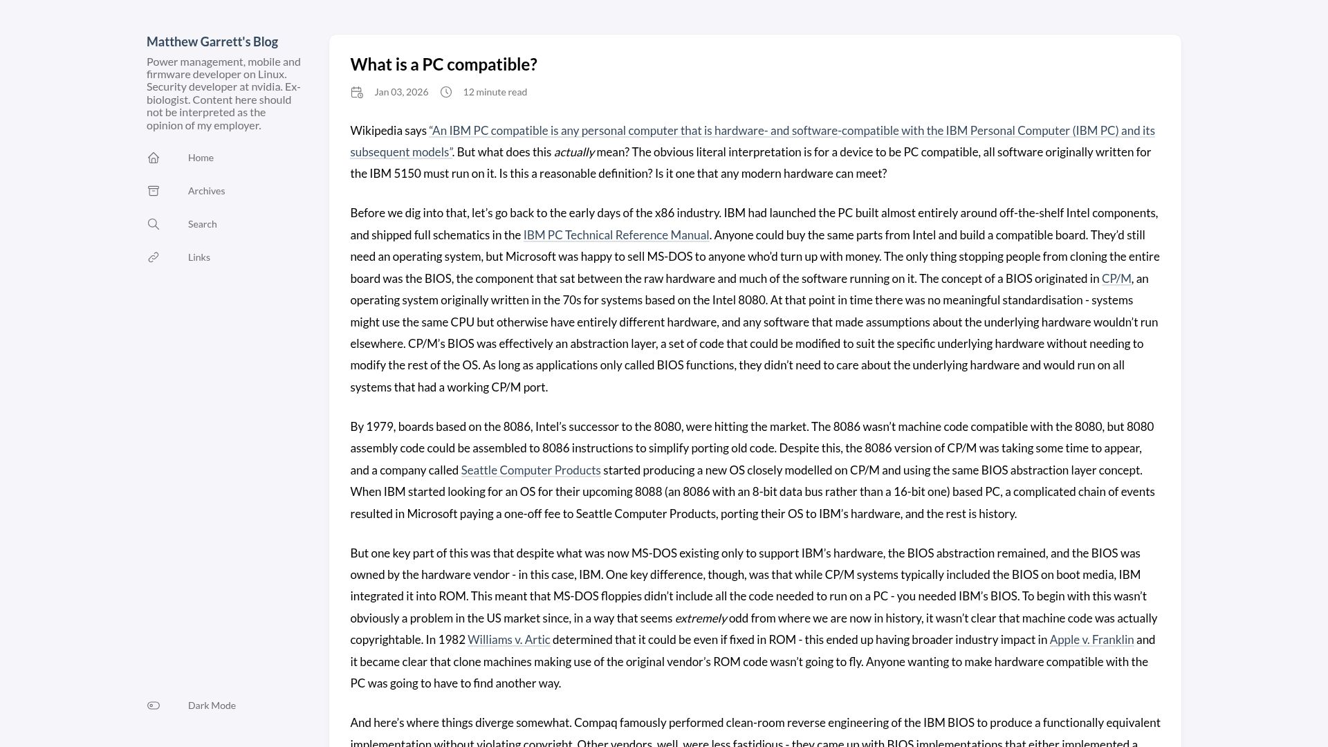 Screenshot of codon.org.uk: What Is a PC Compatible?