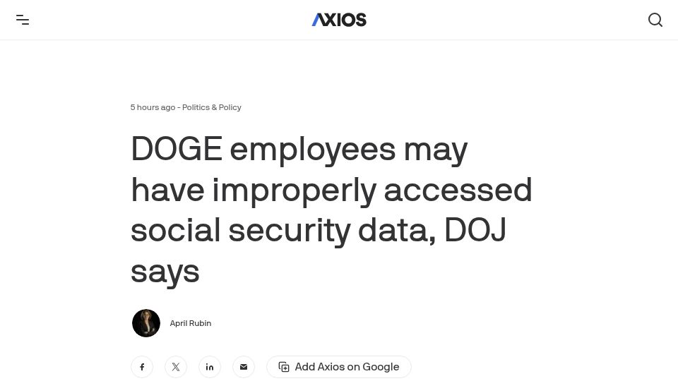 Screenshot of axios.com: DOGE employees may have improperly accessed social security data, DOJ says