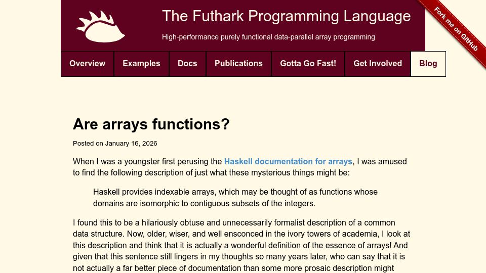 Screenshot of futhark-lang.org: Are arrays functions?