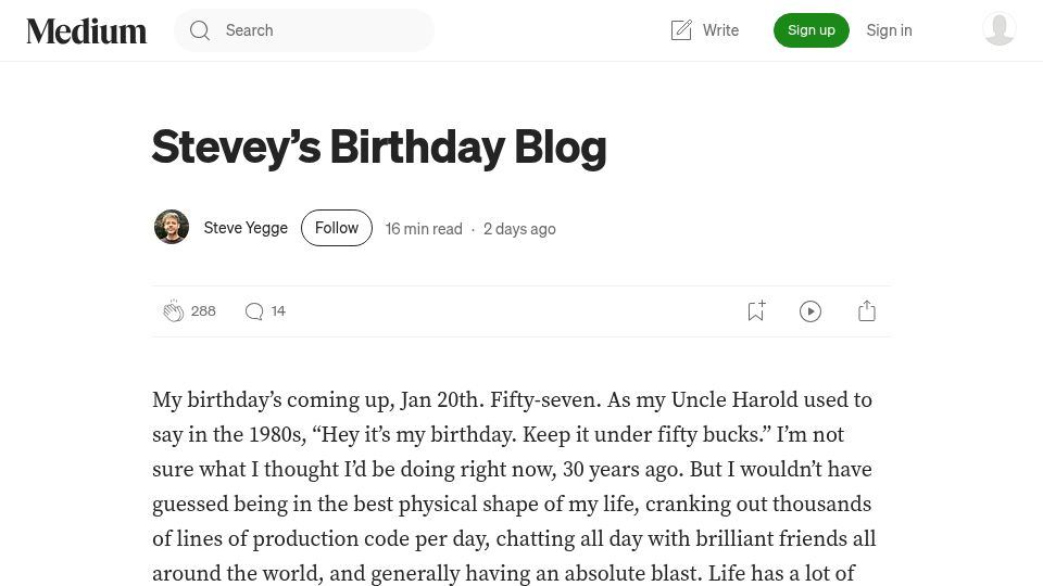 Screenshot of steve-yegge.medium.com: Stevey's Birthday Blog