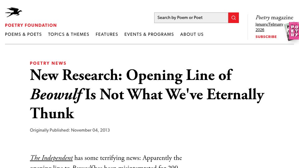 Screenshot of poetryfoundation.org: Beowulf's opening "What" is no interjection (2013)