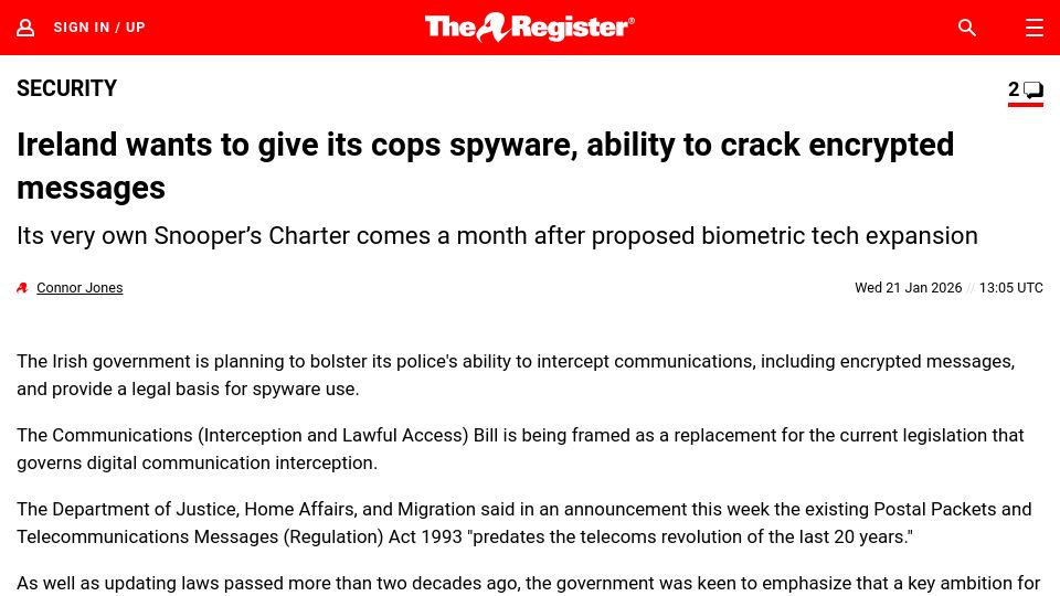 Screenshot of theregister.com: Ireland wants to give its cops spyware, ability to crack encrypted messages