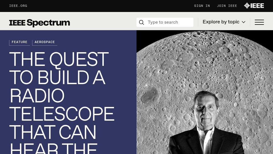 Screenshot of spectrum.ieee.org: Lunar Radio Telescope to Unlock Cosmic Mysteries