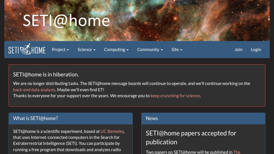 Screenshot of setiathome.berkeley.edu: SETI@home is in hiberation