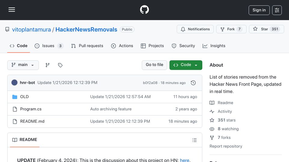 Screenshot of github.com: Stories removed from the Hacker News Front Page, updated in real time (2024)