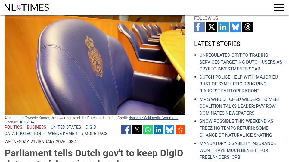 Screenshot of nltimes.nl: Parliament tells Dutch government to keep DigiD data out of American hands