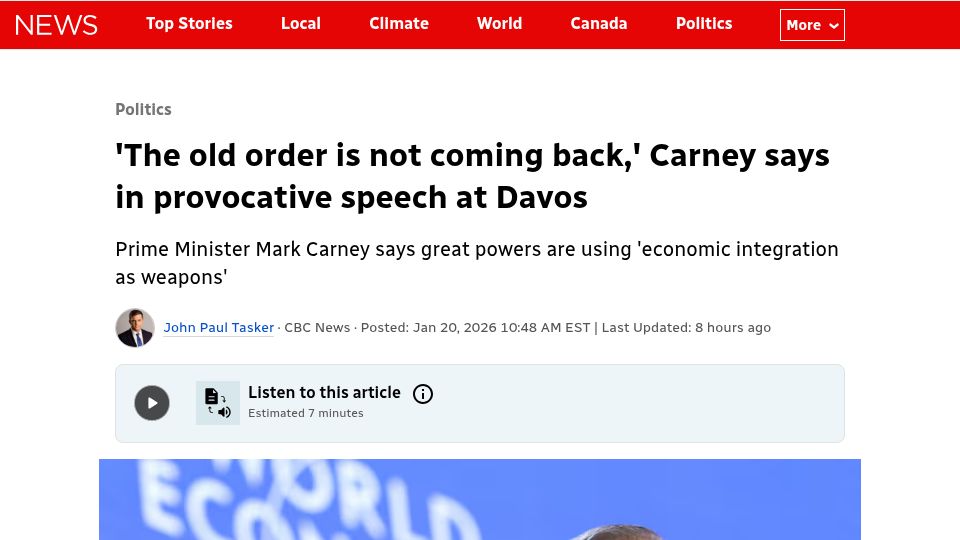 Screenshot of cbc.ca: 'The old order is not coming back,' Carney says in speech at Davos