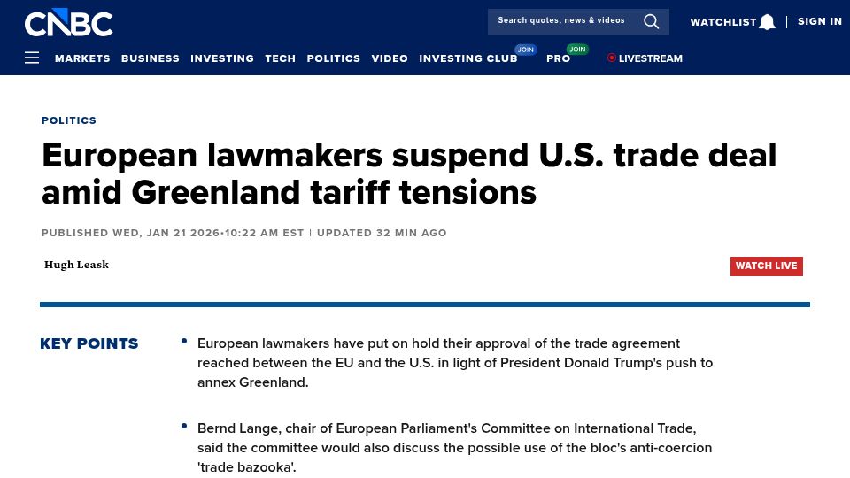 Screenshot of cnbc.com: European lawmakers suspend U.S. trade deal