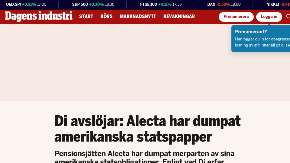 Screenshot of di.se: Swedish Alecta has sold off an estimated $8B of US Treasury Bonds