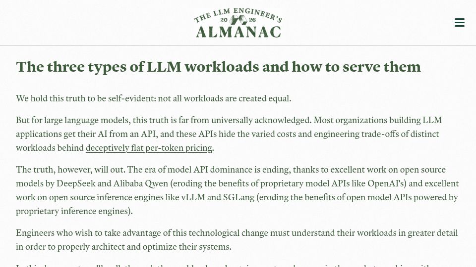 Screenshot of modal.com: Three types of LLM workloads and how to serve them