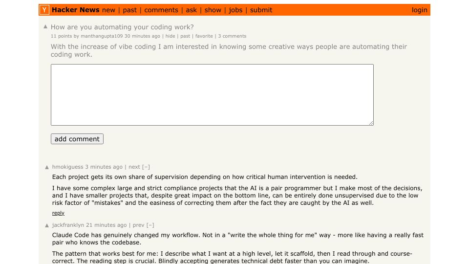 Screenshot of Hacker News post: Ask HN: How are you automating your coding work?