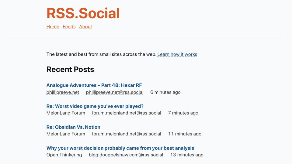 Screenshot of rss.social: RSS.Social – the latest and best from small sites across the web