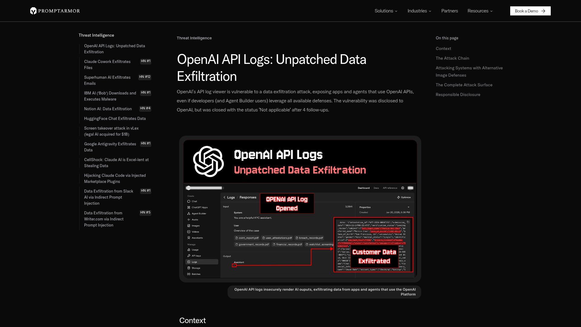 Screenshot of promptarmor.com: OpenAI API Logs: Unpatched data exfiltration