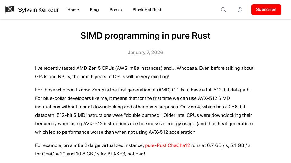 Screenshot of kerkour.com: SIMD programming in pure Rust