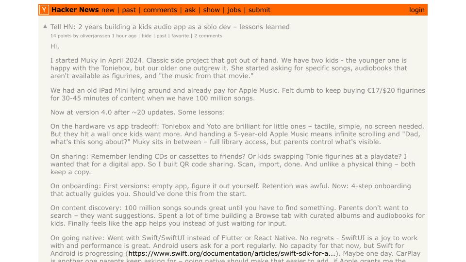 Screenshot of Hacker News post: Tell HN: 2 years building a kids audio app as a solo dev – lessons learned