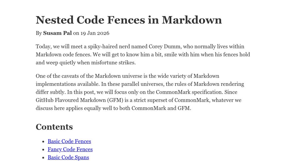 Screenshot of susam.net: Nested code fences in Markdown