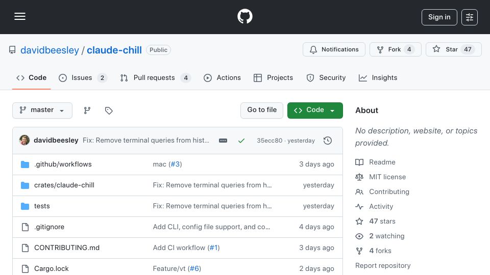 Screenshot of github.com: Claude Chill: Fix Claude Code's flickering in terminal