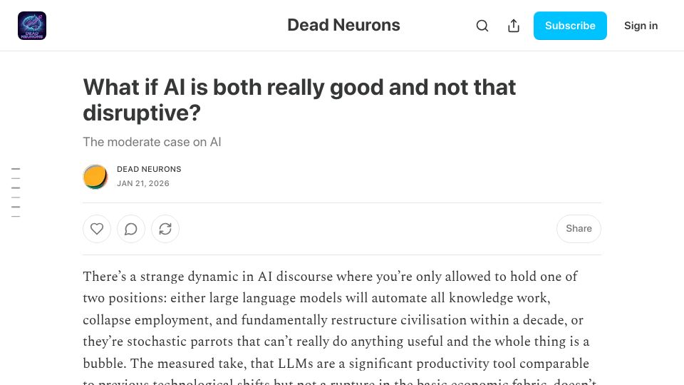 Screenshot of deadneurons.substack.com: What if AI is both good and not that disruptive?
