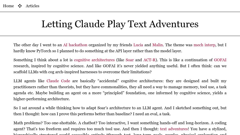 Screenshot of borretti.me: Letting Claude play text adventures