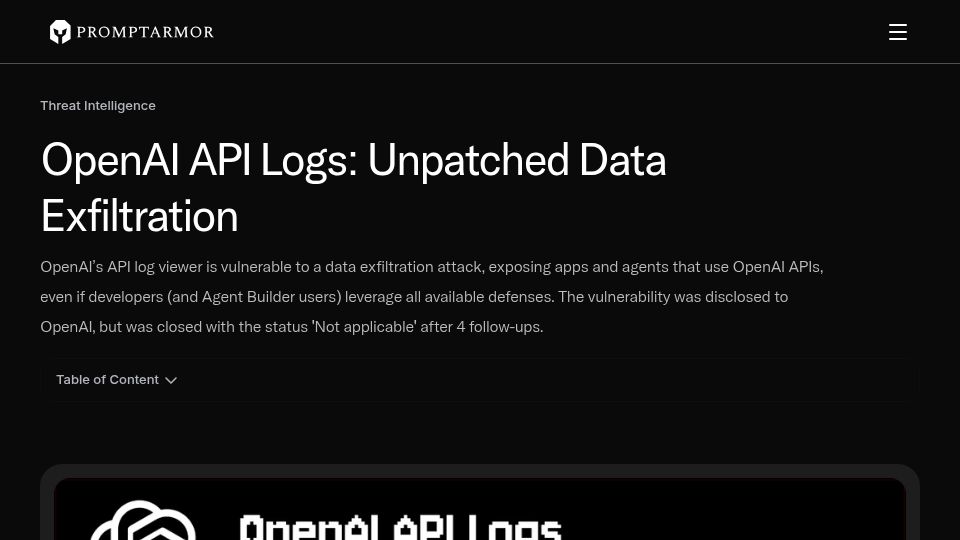 Screenshot of promptarmor.com: OpenAI API Logs: Unpatched data exfiltration
