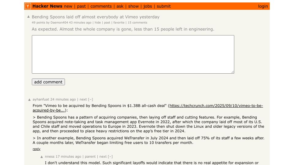 Screenshot of Hacker News post: Tell HN: Bending Spoons laid off almost everybody at Vimeo yesterday