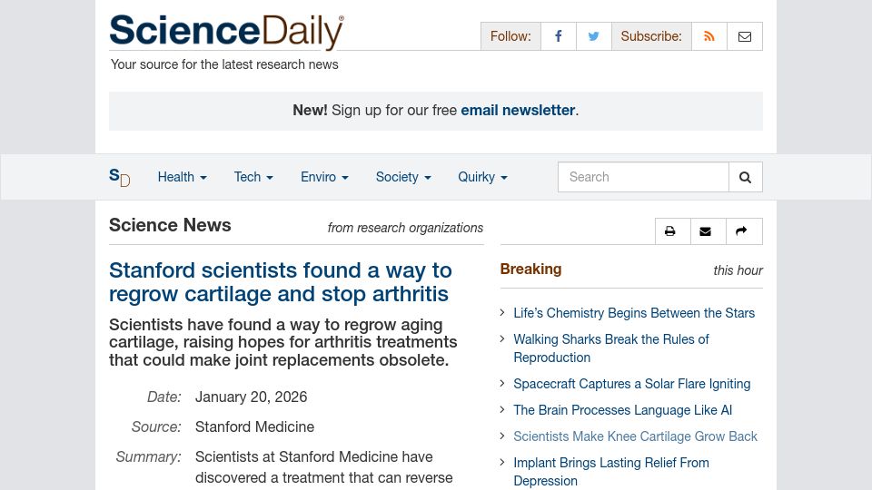 Screenshot of sciencedaily.com: Scientists find a way to regrow cartilage in mice and human tissue samples