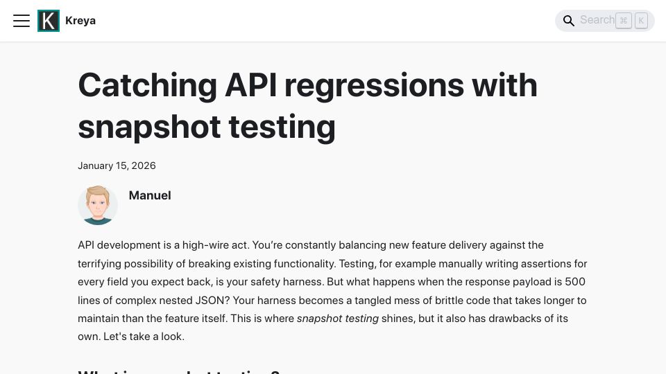 Screenshot of kreya.app: Catching API regressions with snapshot testing