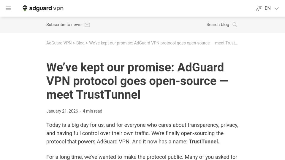 Screenshot of adguard-vpn.com: TrustTunnel: AdGuard VPN protocol goes open-source