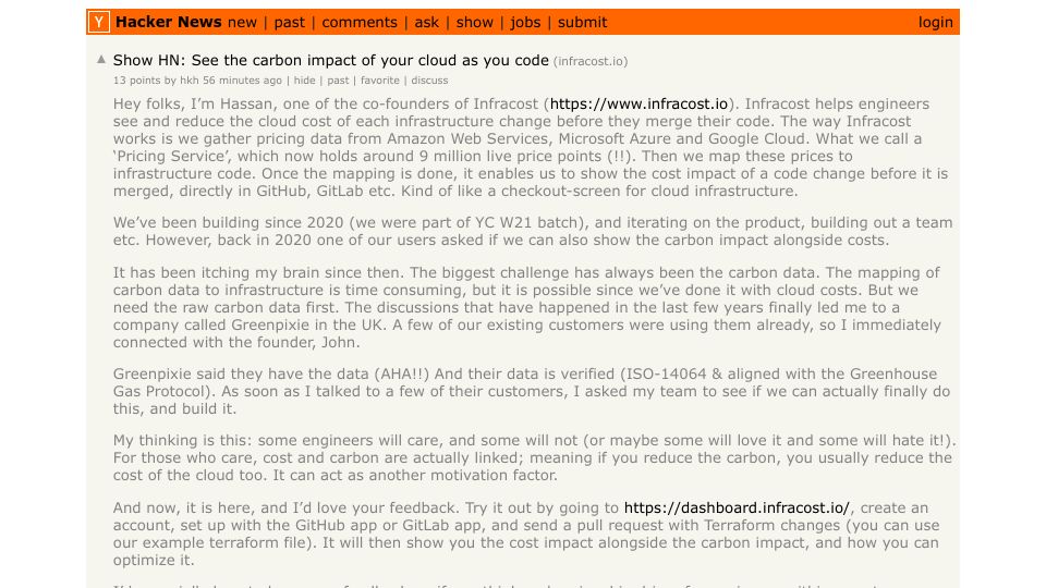Screenshot of dashboard.infracost.io: Show HN: See the carbon impact of your cloud as you code