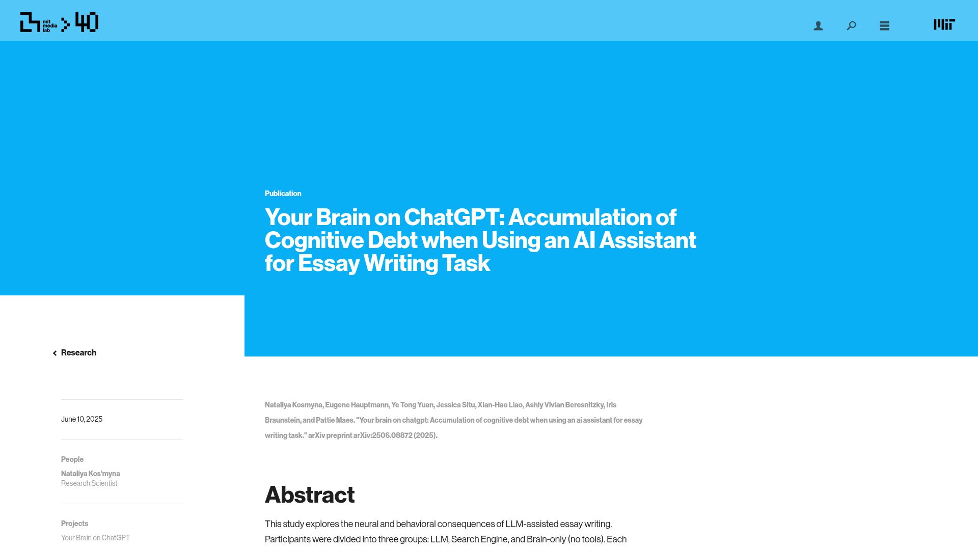 Screenshot of media.mit.edu: Your brain on ChatGPT: Accumulation of cognitive debt when using an AI assistant