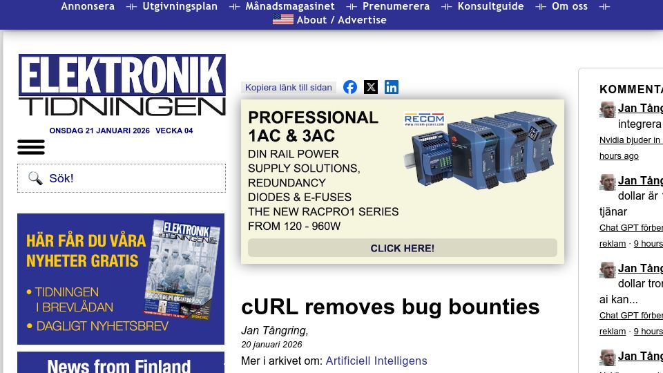 Screenshot of etn.se: cURL removes bug bounties