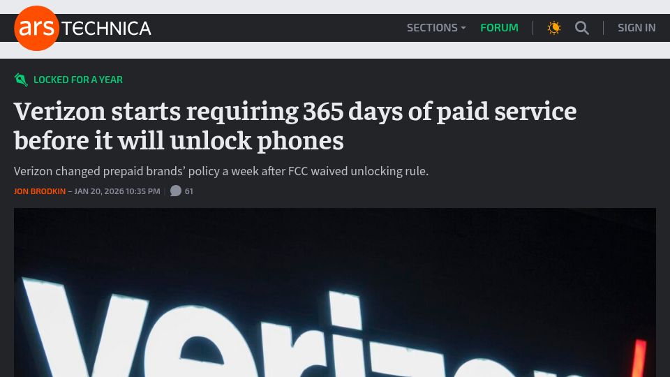 Screenshot of arstechnica.com: Verizon starts requiring 365 days of paid service before it will unlock phones