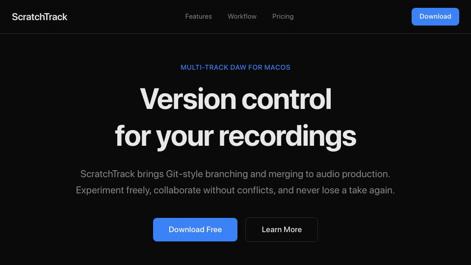 Screenshot of scratchtrackaudio.com: Show HN: macOS native DAW with Git branching model