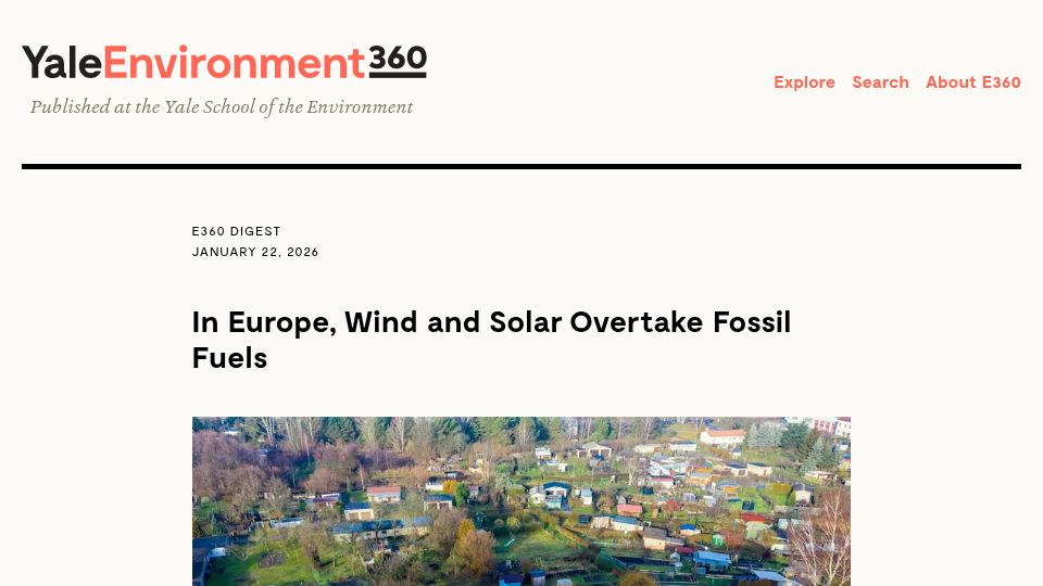 Screenshot of e360.yale.edu: In Europe, wind and solar overtake fossil fuels