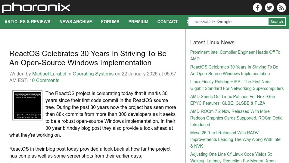 Screenshot of phoronix.com: ReactOS Celebrates 30 Years in Striving to Be an Open-Source Windows