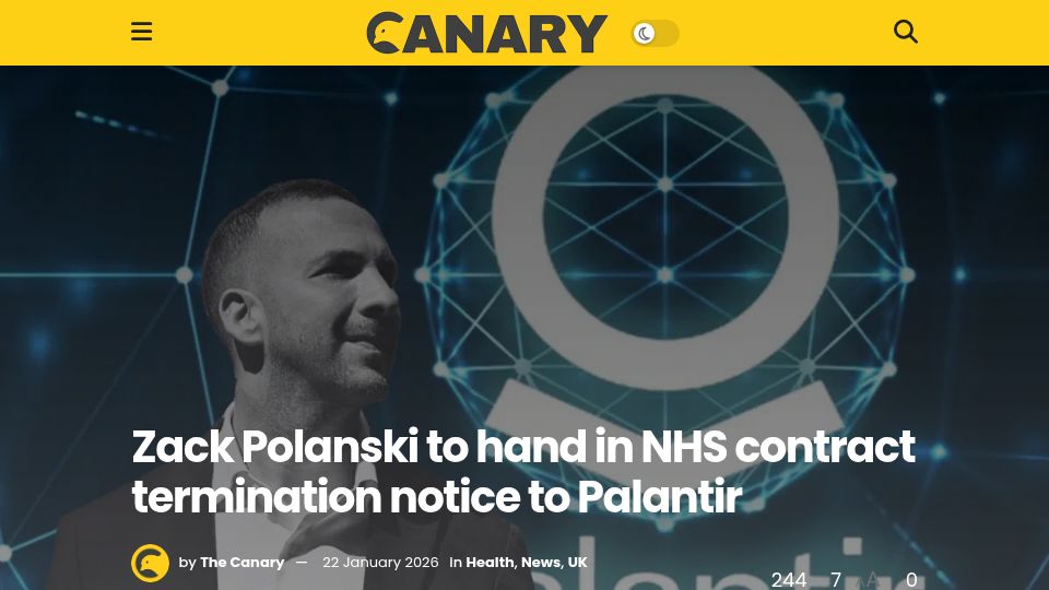 Screenshot of thecanary.co: Zack Polanski to hand in NHS contract termination notice to Palantir