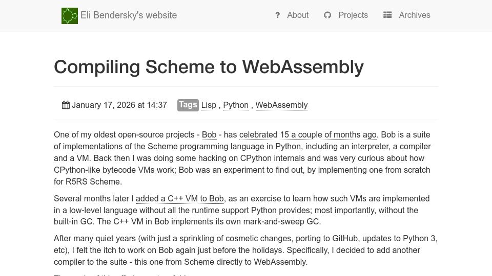 Screenshot of eli.thegreenplace.net: Compiling Scheme to WebAssembly