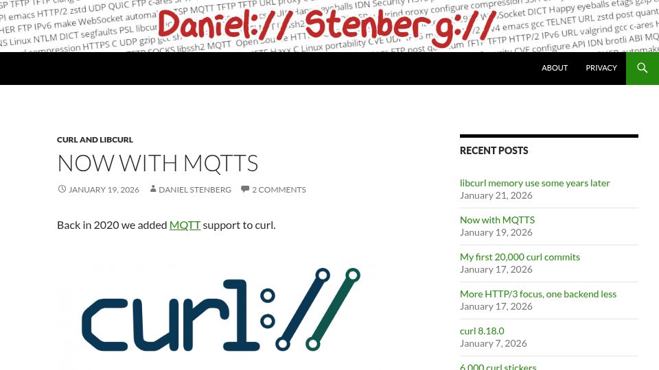 Screenshot of daniel.haxx.se: Now with Mqtts