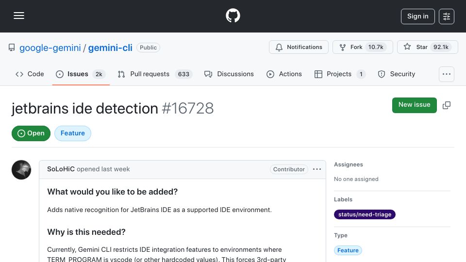 Screenshot of github.com: It looks like the status/need-triage label was removed